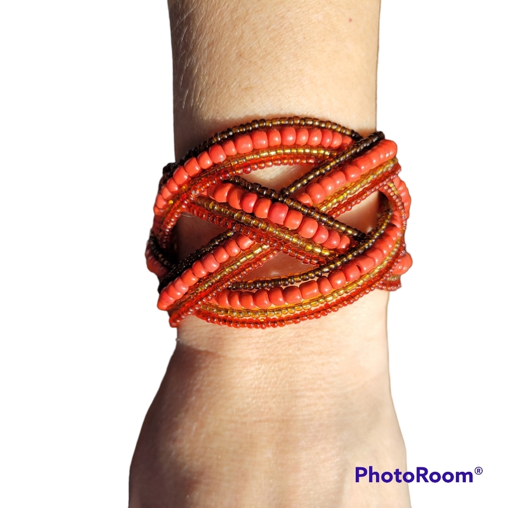 Vintage Boho Beaded Adjustable Memory Wire Cuff Bracelet orange brown